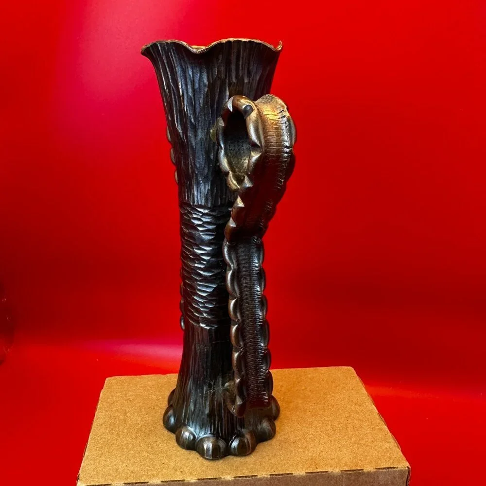 VINTAGE BRONZE VASE, TEXTURED SURFACE AND STYLIZED HANDLES - Picture 4 of 9